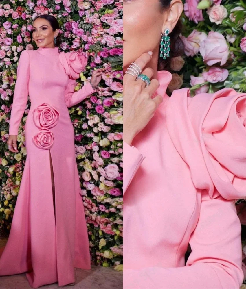 

Customized Classic Jersey Mermaid 3D Flowers Evening Dress High Quality Long Sleeves High Collar Floor Length prom dresses