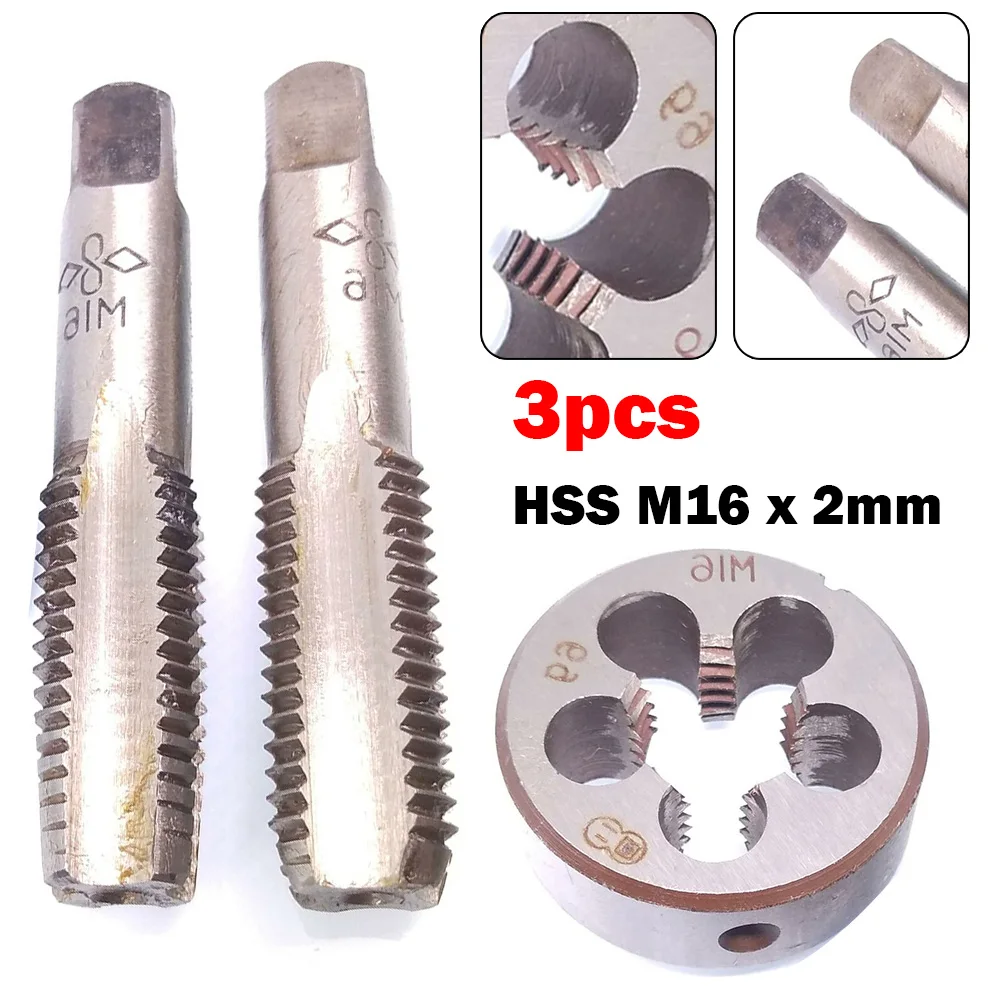 

3 Pcs Tap Die Set HSS M16*2mm Taper Plug Tap Die Metric Thread Right Hand Tap For Metalworking Repairing Hand Manual Tools