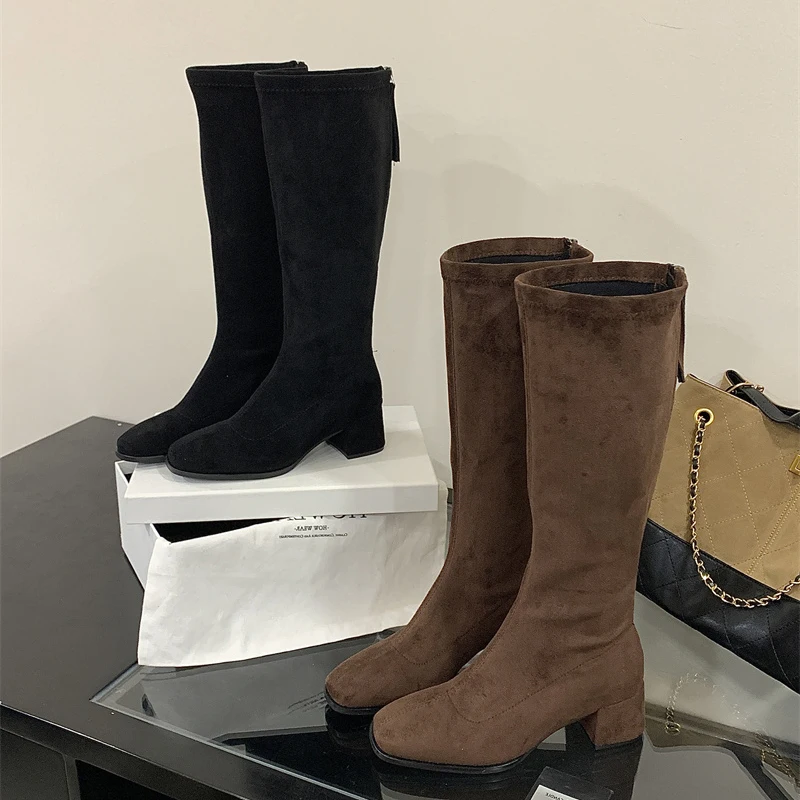 

Aneikeh/зимние женские сапоги до колена в уличном стиле с круглым носком, модная обувь на квадратном каблуке, женские длинные ботильоны на молнии, Zapatos De Mujer