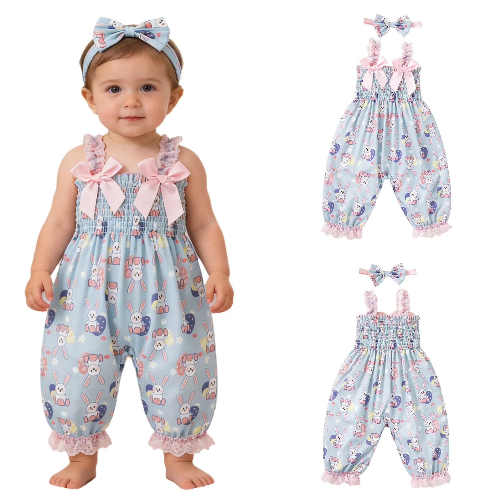 

Летний комбинезон для маленьких девочек с милым принтом кролика, бантом и вышитым лифом, с головным убором, для Пасхи, дня рождения, фотосессий