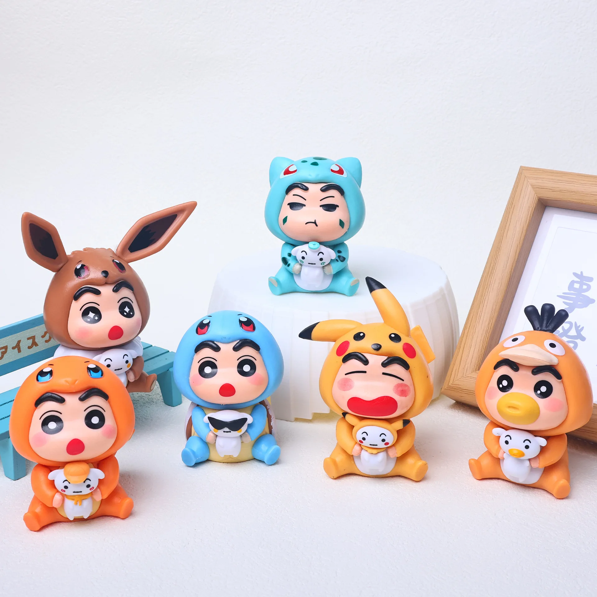 6pcs/set Crayon Shin-chan COS Pokemon Psyduck Pikachu Eevee Charmander Bulbasaur Squirtle Action Figure Collection Model Toys