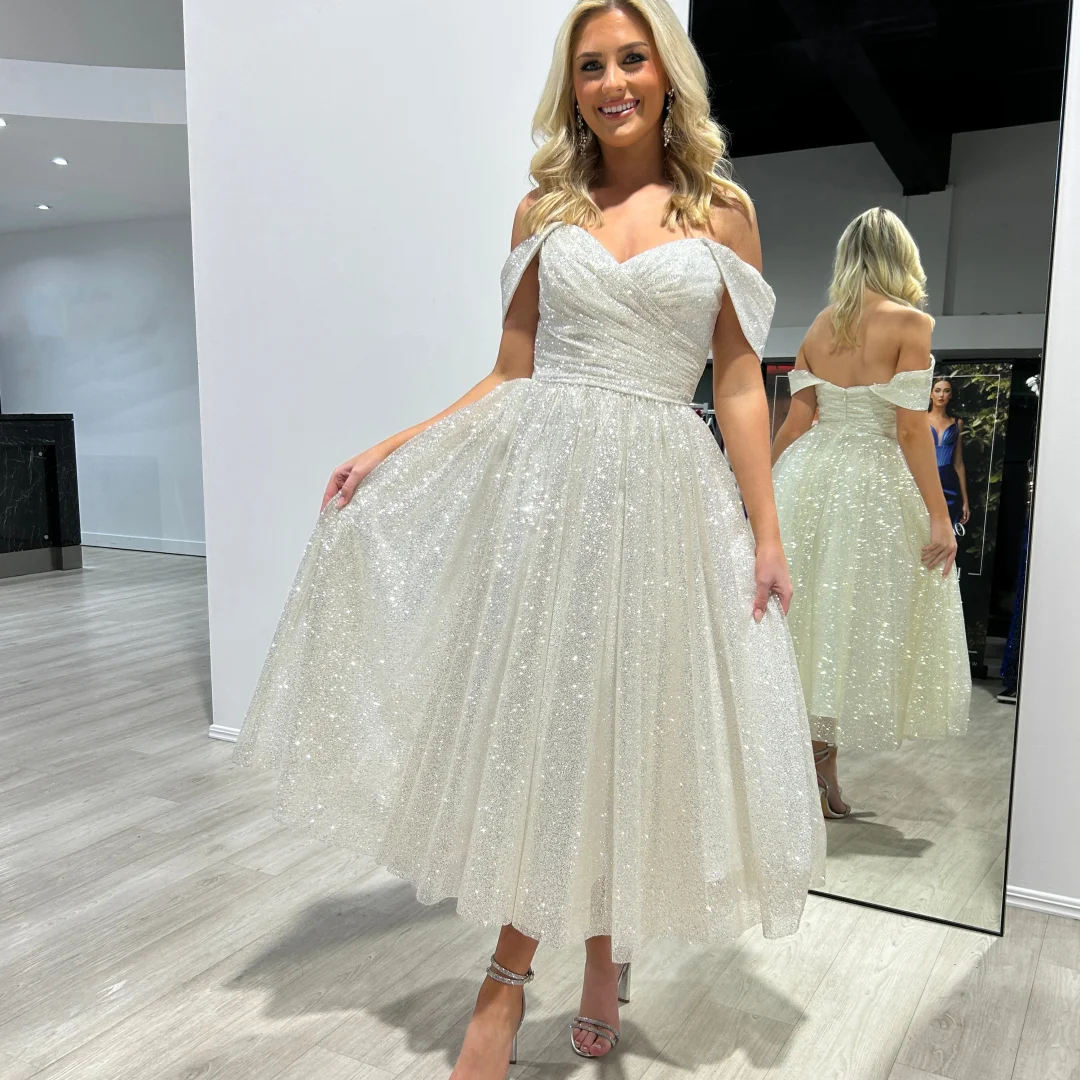 

Sparkly Off the Shoulder Midi Evening Dresses A-line Ruffles Tea-Length Backless Prom Dress Customized Elegant Wedding Gowns