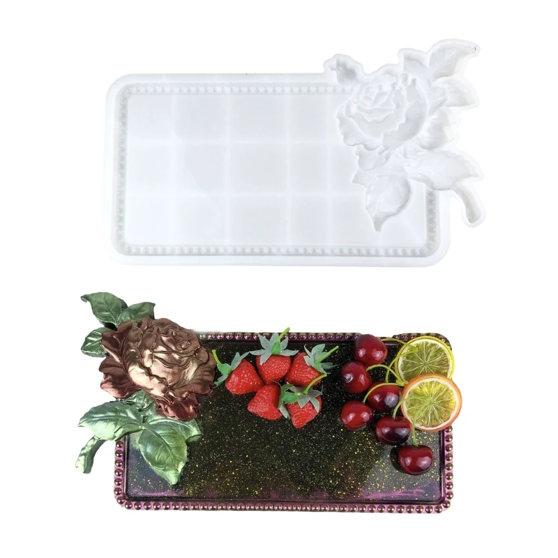 Silicone Rose Flower Tray Mold Rectangular Resin Crafting Moulds for Crafting Plate Tray Dish Easy Clean Mould