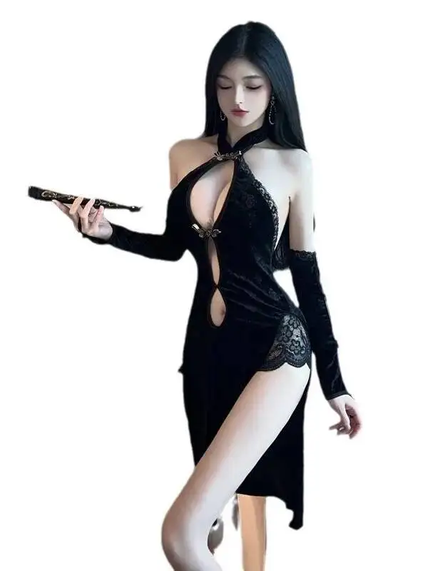 Summer Sexy Black Gauze Splicing Backless High Slit Cheongsam Style Deep V-shaped Hollow Out Lace Goose Down Dress Elegant VGZG