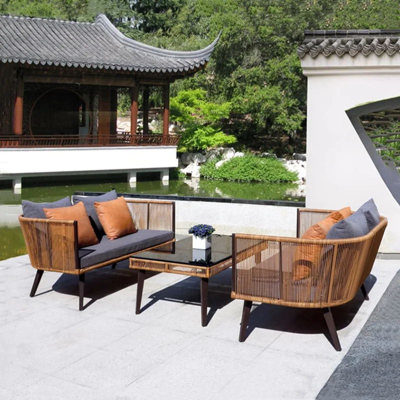 Custom outdoor rattan woven sofa, single coffee table, rattan sun, waterproof balcony, terrace, courtyard double combination