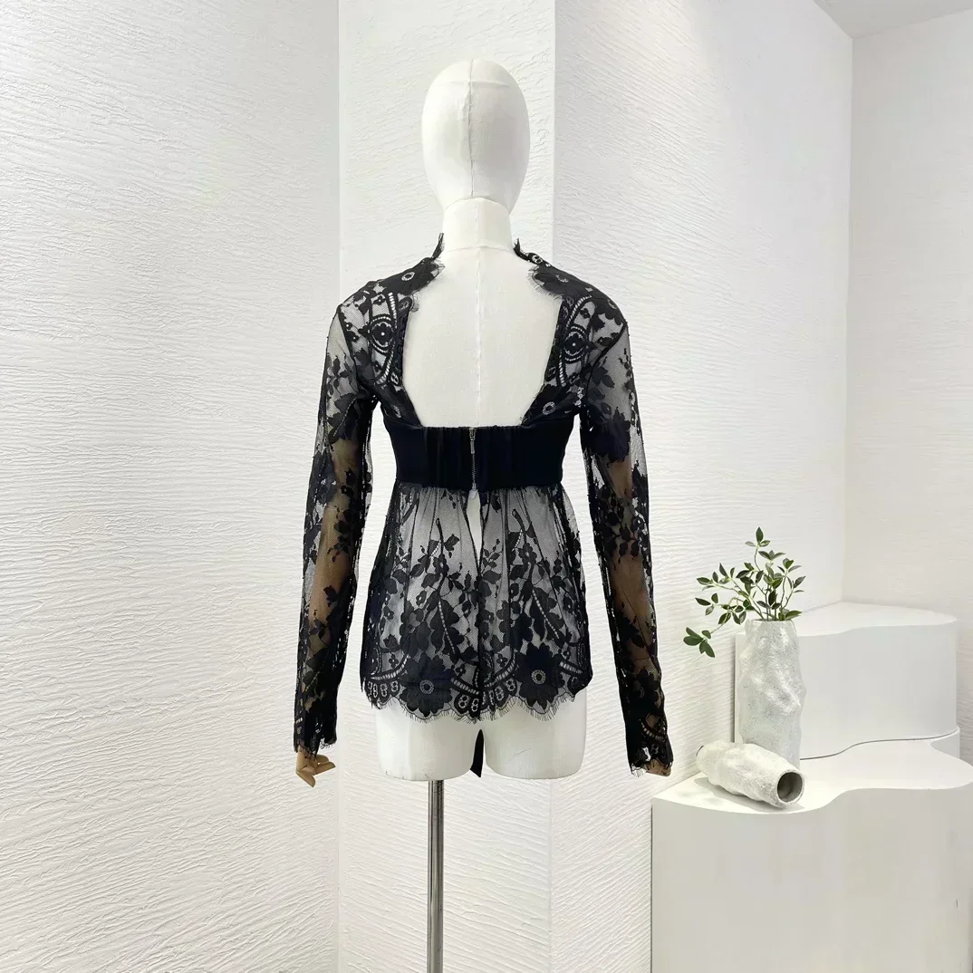 2024 New Vintage High Quality Black Silk Bow Lace Bodycon Full Sleeve Backless See-through Women Blouse Tops