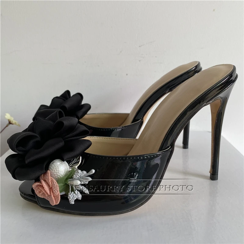 Handmade Rose Flower Decor Sandals For Girls Women 10cm Stiletto Heel Patent Leather Slingbacks Runway Mules Lady Summer