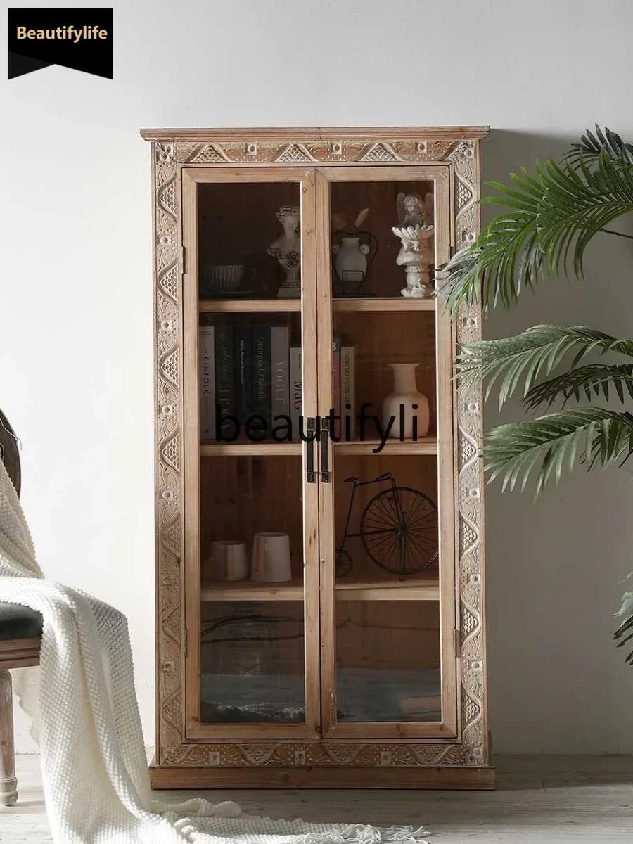 

American rural solid wood log color bookcase retro old glass door display cabinet living room study decoration D80