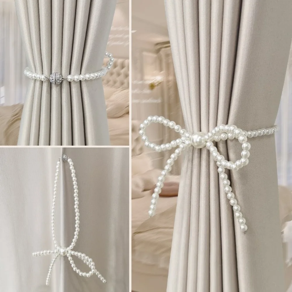 2pcs Ins Pearl Bow Curtain Tieback Faux Pearl Home Decoration Curtain Holdback Magnetic Magnetic Curtain Strap Bedroom
