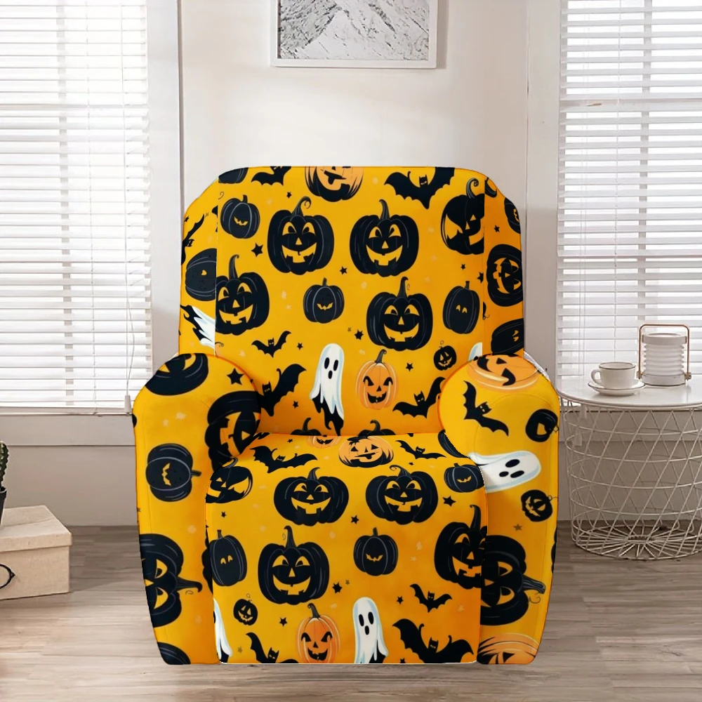 Bright Yellow Jack-o-Lantern Ghost Bat Halloween Print Stretch Recliner Chair Cover, Removable Washable Full Sofa Slipcover