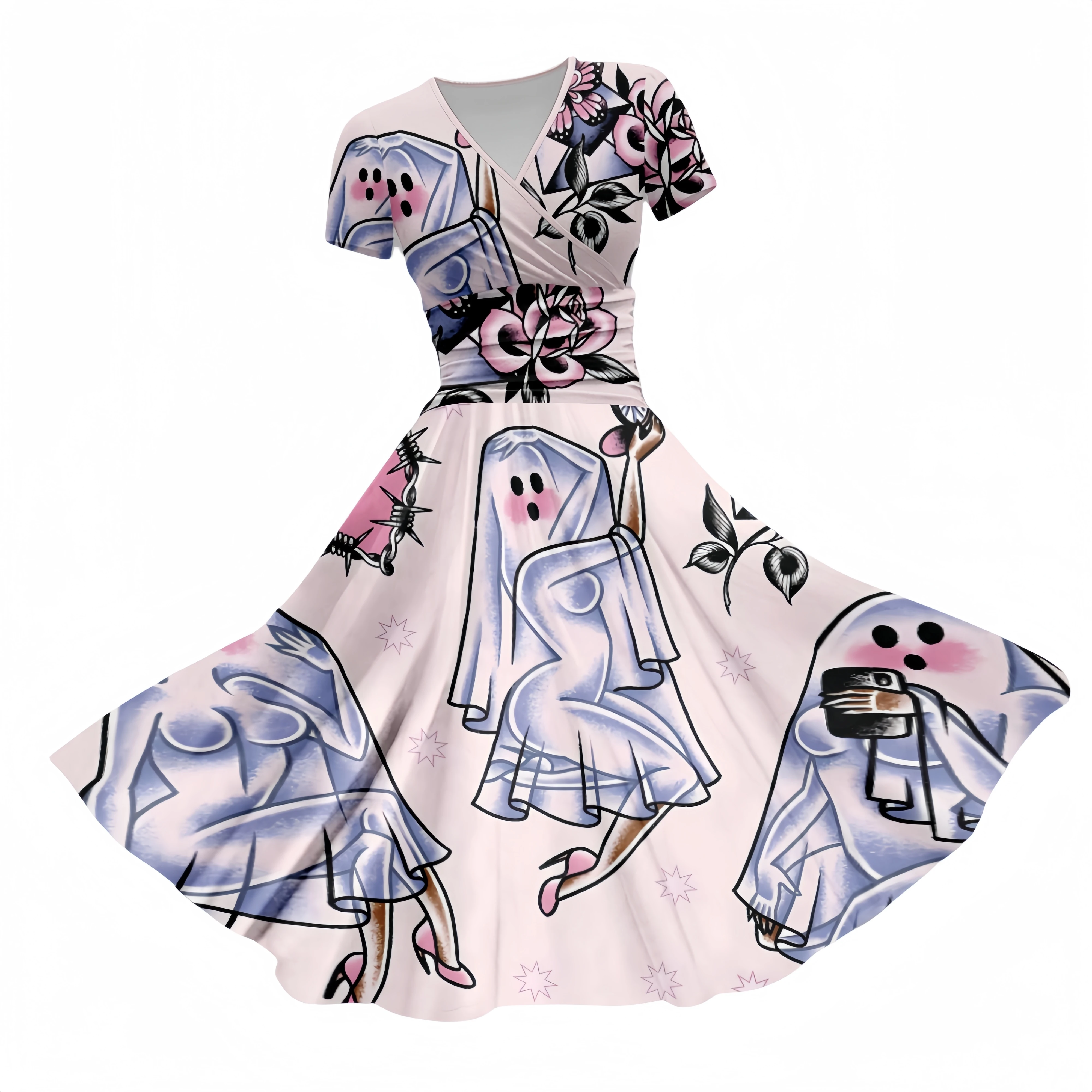 

Милая розовая юбка в стиле Хэллоуина с привидениями для девушек, милое Повседневное платье средней длины с короткими рукавами и V-образным вырезом и художественным принтом для девушек