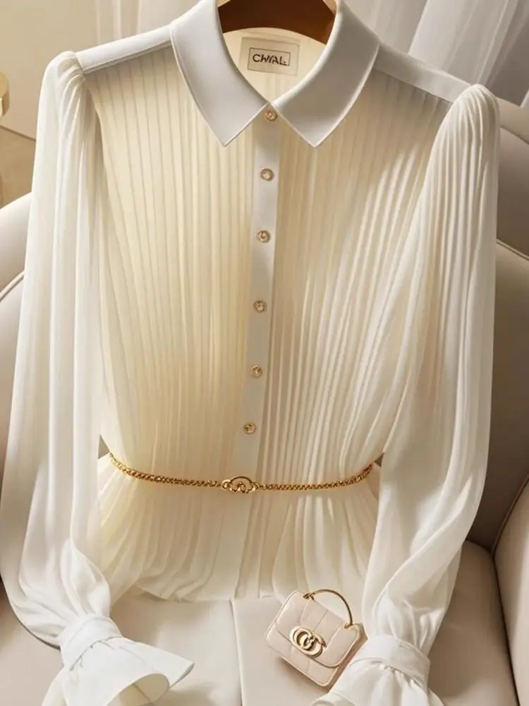 Długi, jednolity kolor, elegancki damski top, piękny, luźny krój w stylu koreańskim, zapinany na guziki, idealny do biura, na wiosnę i jesień.