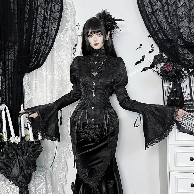 Ciemna koszulka w stylu gotyckiej lolity, damska bluzka z rozszerzanymi rękawami, golfem, wiązana, dopasowana, vintage, estetyka Y2k lat 90.