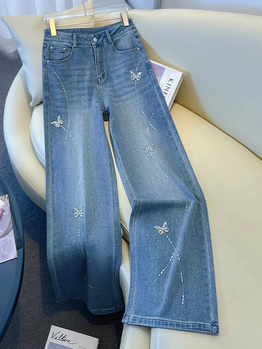 

Light Blue Rhinestone Straight Leg Jeans Women's Spring Autumn New Style Beautiful European Goods Diamond Wide Leg ...