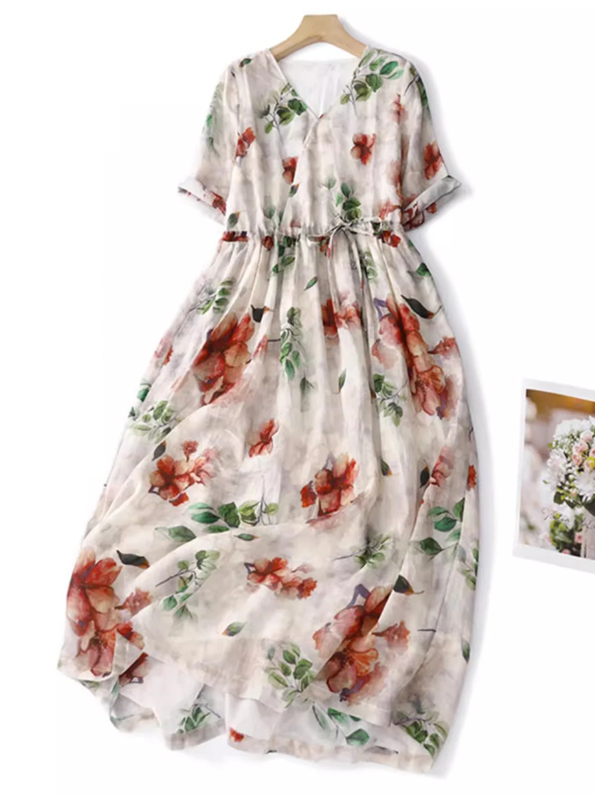 

2024 New Summer Elegant Women Floral Printed Dresses Drawstring Vintage Literary Large Swing Party Dress Holiday Beach Sundress