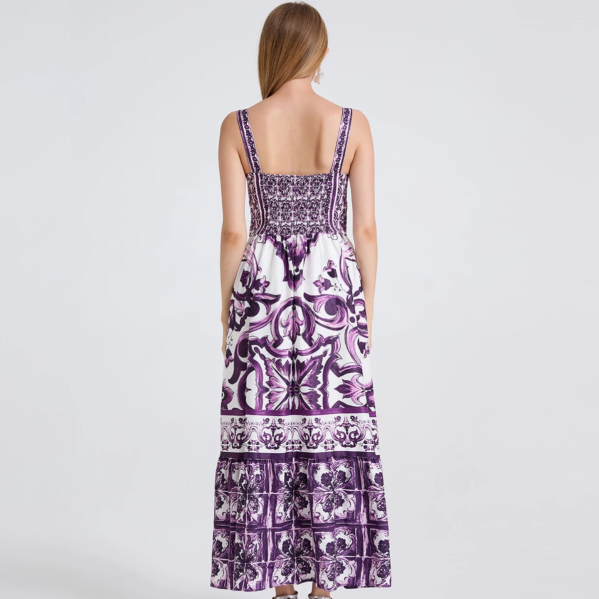 Nuovo abito lungo per le vacanze estive con stampa in porcellana viola e bianca, abiti lunghi Boho elastici senza schienale con cinturino per spaghetti da donna