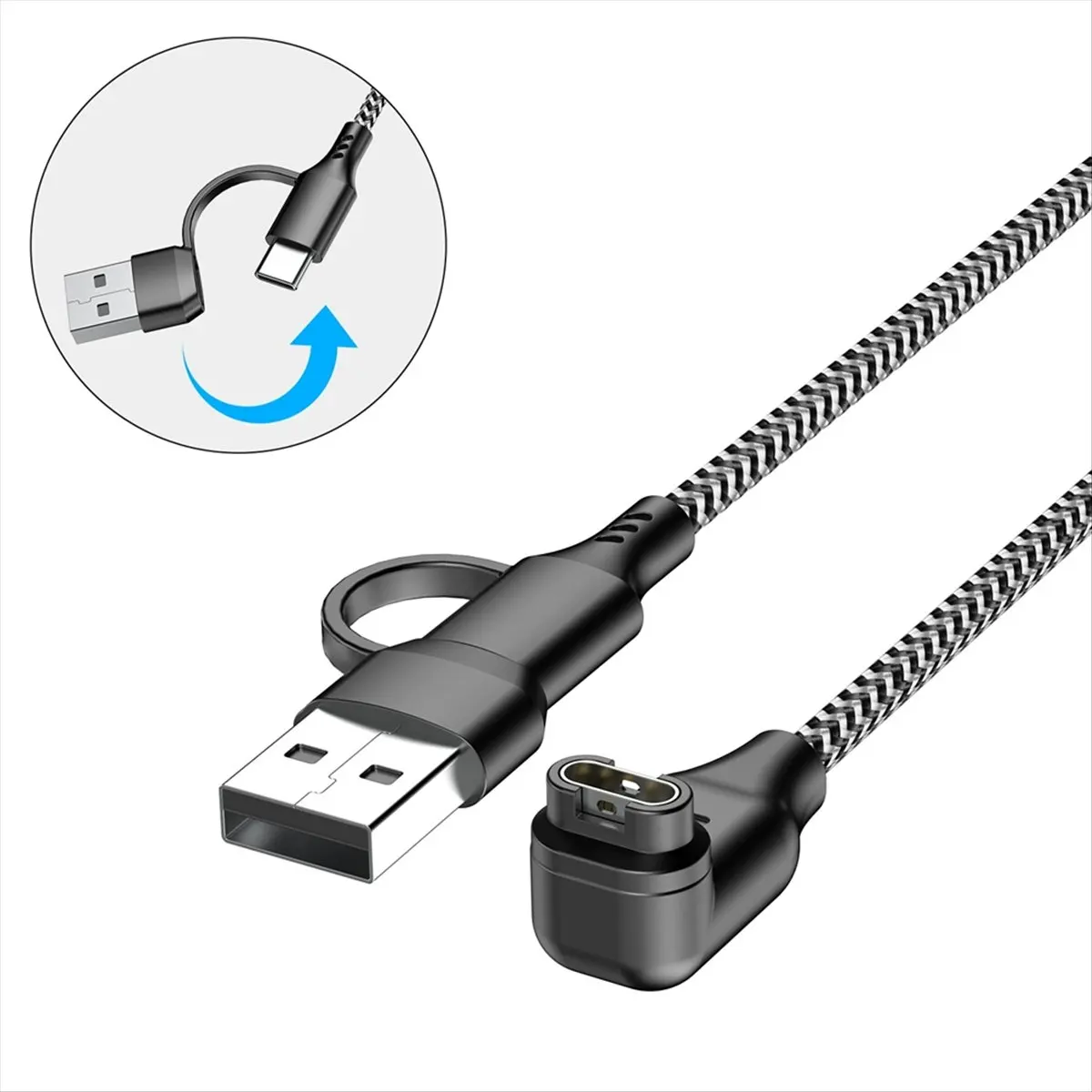 2in1 USB Type C Watch Charging Cable for 8, 7 Series, Forerunner 245, 255, 955, Venu 2 A Black & White