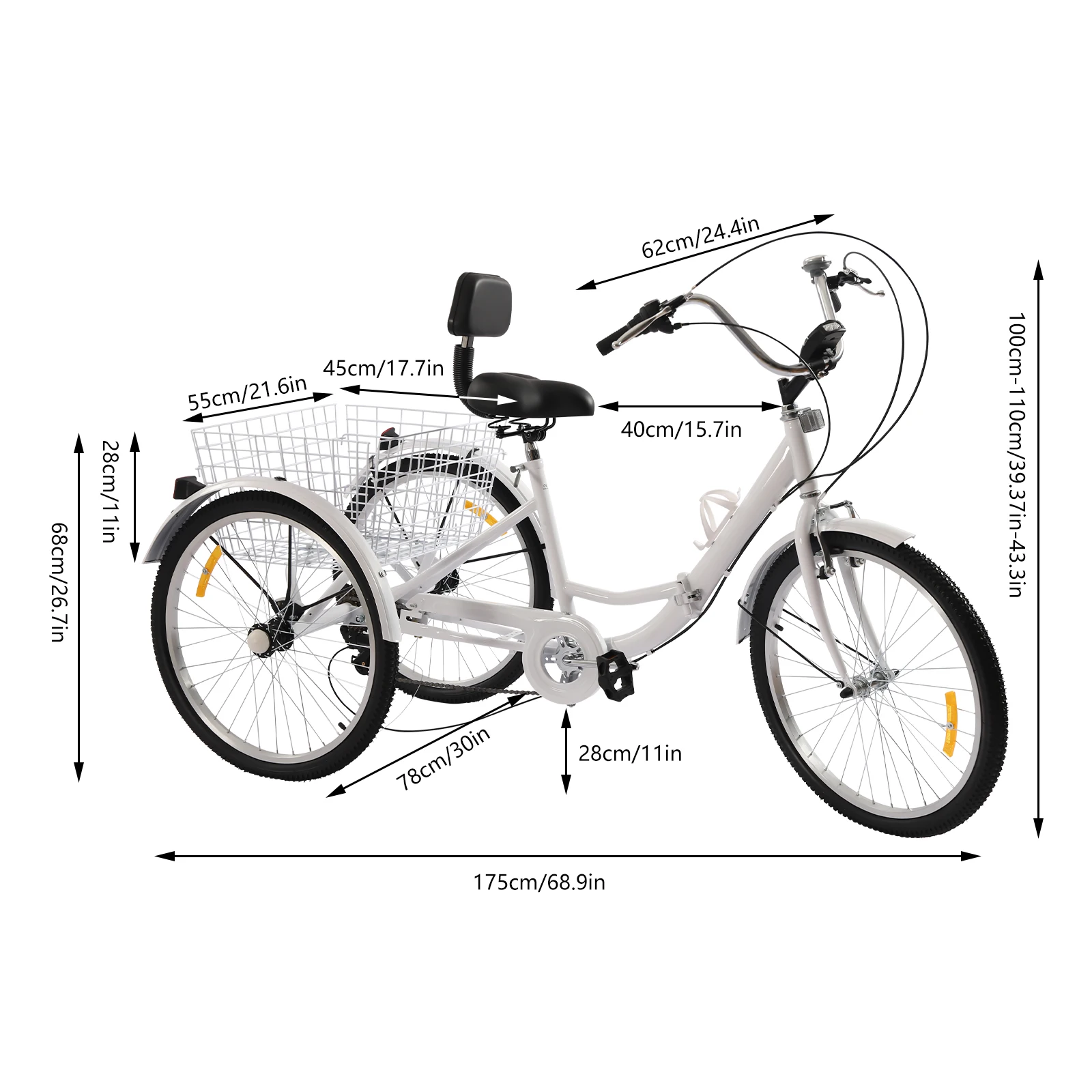 Triciclo pieghevole a 7 velocità da 24 pollici per adulti anziani Trike con cestino della spesa con luce a LED