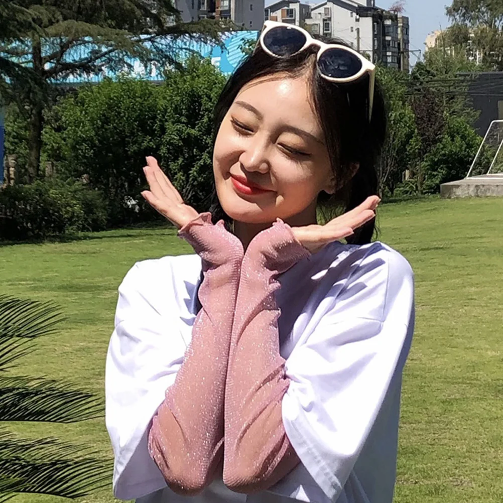 

4pcs Gauze Arm Summer Sun Block Sleeve For Women Outdoor Half Finger Lace Sunscreen Skin Pink Lightweight Sunproof