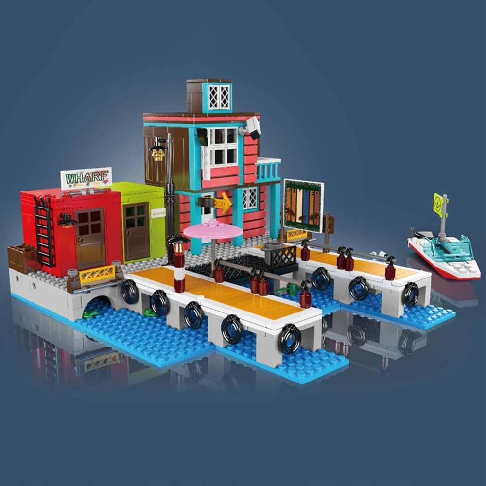 Juego de bloques de construcción de hotel de muelle de arquitectura creativa, modelo de exhibición de ensamblaje DIY, regalo para niños y niñas