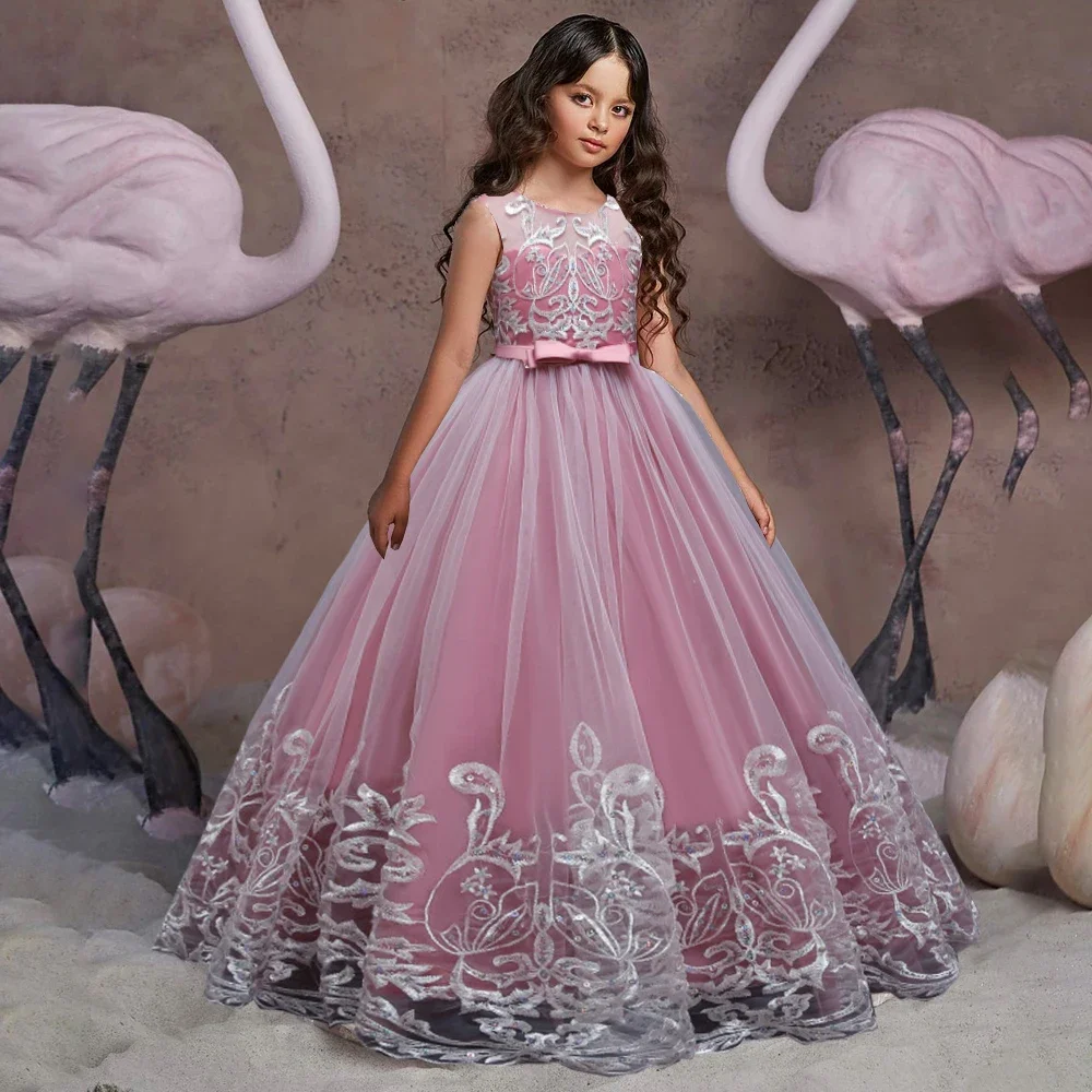 Puffy Tulle Lace Flower Girl Dress Children Bride Ball Gown Princess Dress for Girl Wedding Party First Communion Sweet Vestios