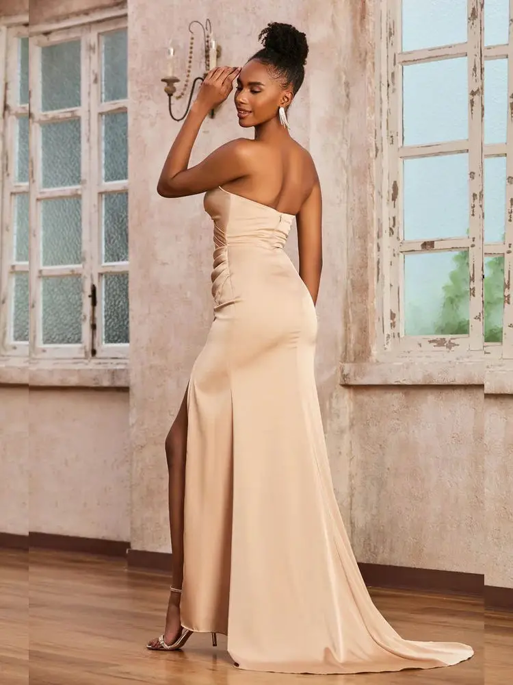 Strapless Pleated Sheath Sweep Train Gown With Slit