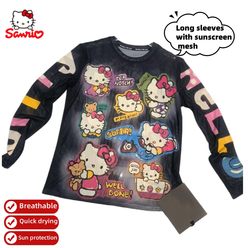 

Двумерная индивидуальная цветная солнцезащитная базовая рубашка Hello Kitty, эластичный универсальный топ с длинными рукавами и персонажем аниме из мультфильма