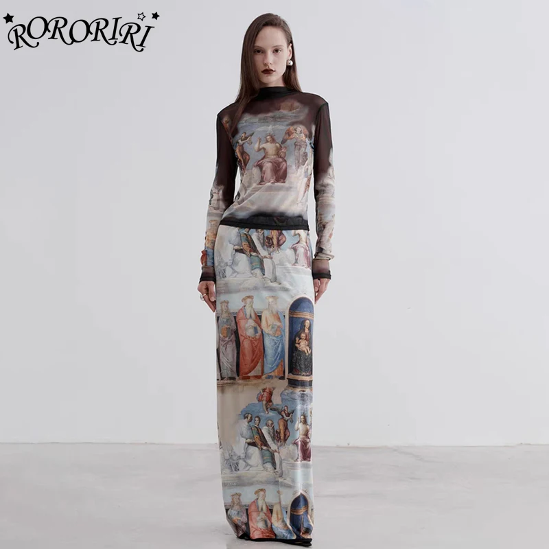 RORORIRI Y2k Character Print Top Skirt Women 2-piece Set Long Sleeves T-shirt Drawstring Ribbon Shirred Long Skirt Retro Clothes