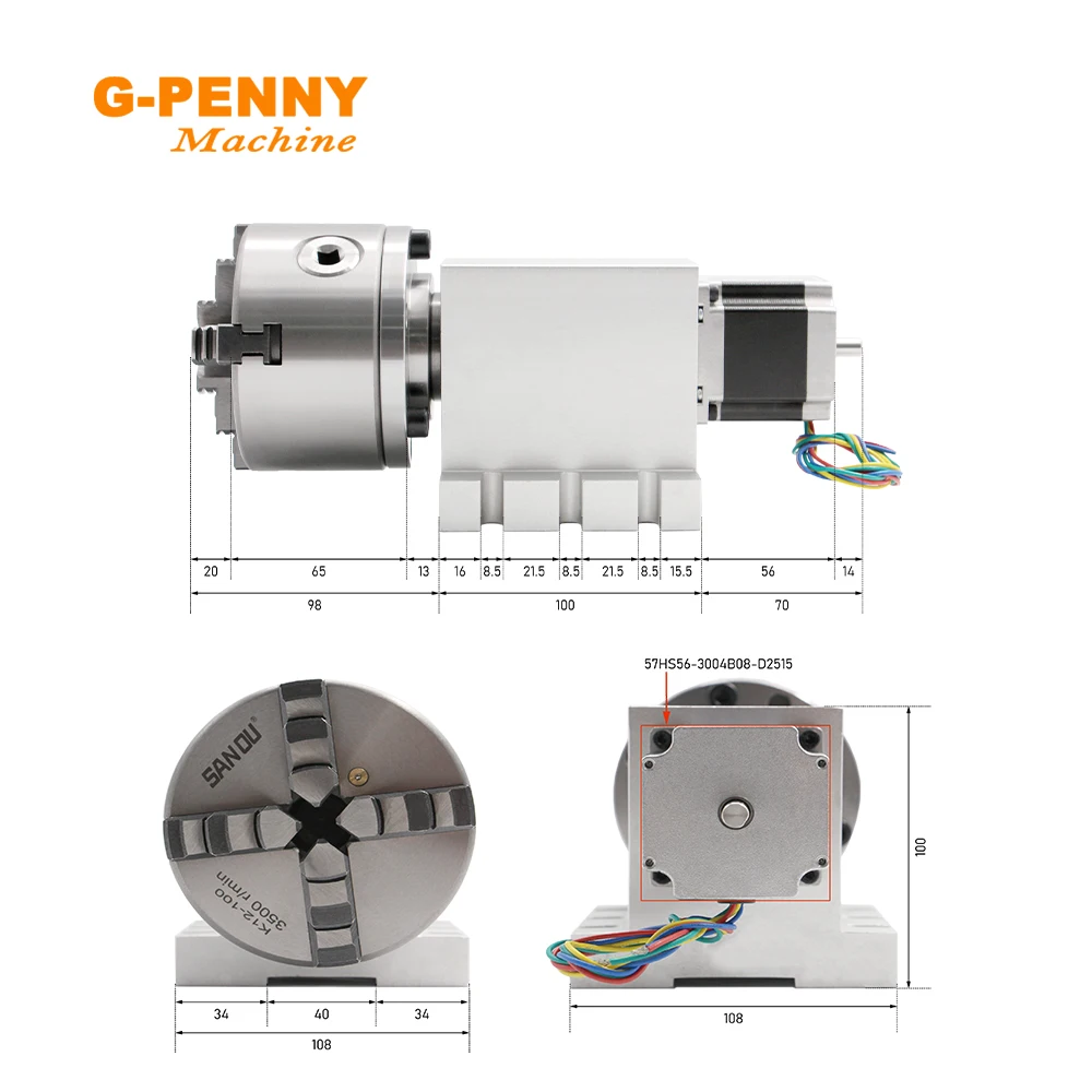 NEMA23 3/4Jaw 4th Axis 100mm Tailstoc CNC dividing head/Rotation/A axis kit