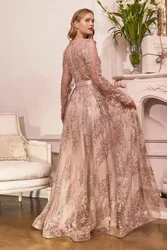 Elegant Rose Gold Bow Belt V-Neck Mother of the Bride Dresses Illusion Long Sleeve A-Line and Floor Length Banquet Mom Gowns