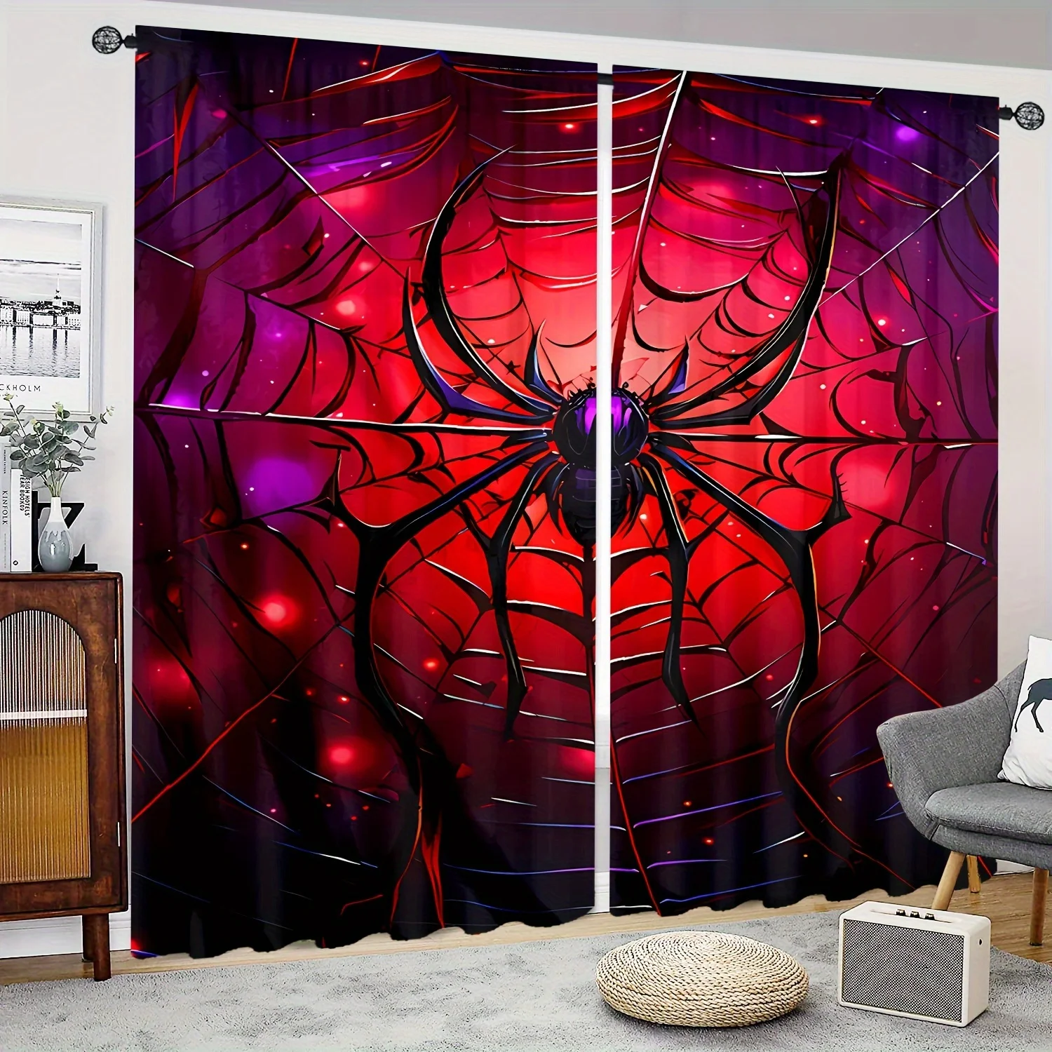 

2pcs Red Spider Web HD Digital Printed Curtains Home Decor Living Room Bedroom Rod Pocket Curtains Study Window Office Home Deco