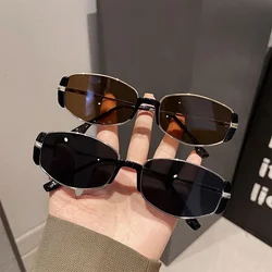 New Modern Retro Tea Narrow Frame Sunglasses Luxury Cat Eye Metal Sunglasses for Women Vintage Men Travel Outdoor Sunglasses