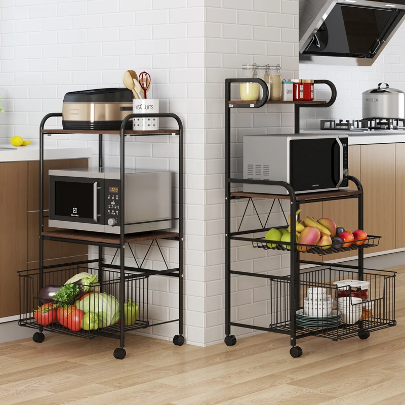 Kitchen shelves on the floor, multi-layered vegetable basket storage, vegetable and fruit shelves, microwave oven storage shelf