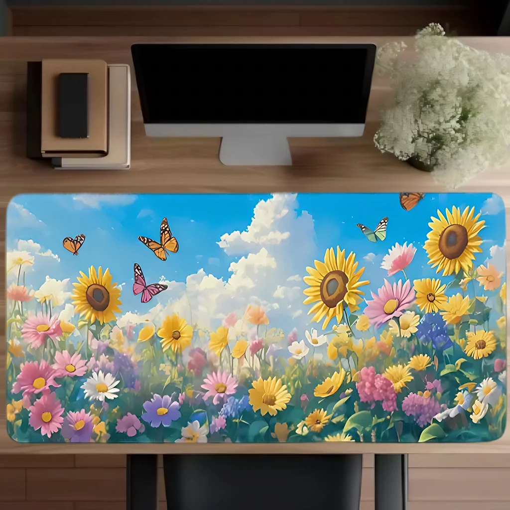 Butterfly Blue Sky Mouse Pad - Oversized desk pad, anti-slip rubber base, office and game mouse pad, bright floral design, durab