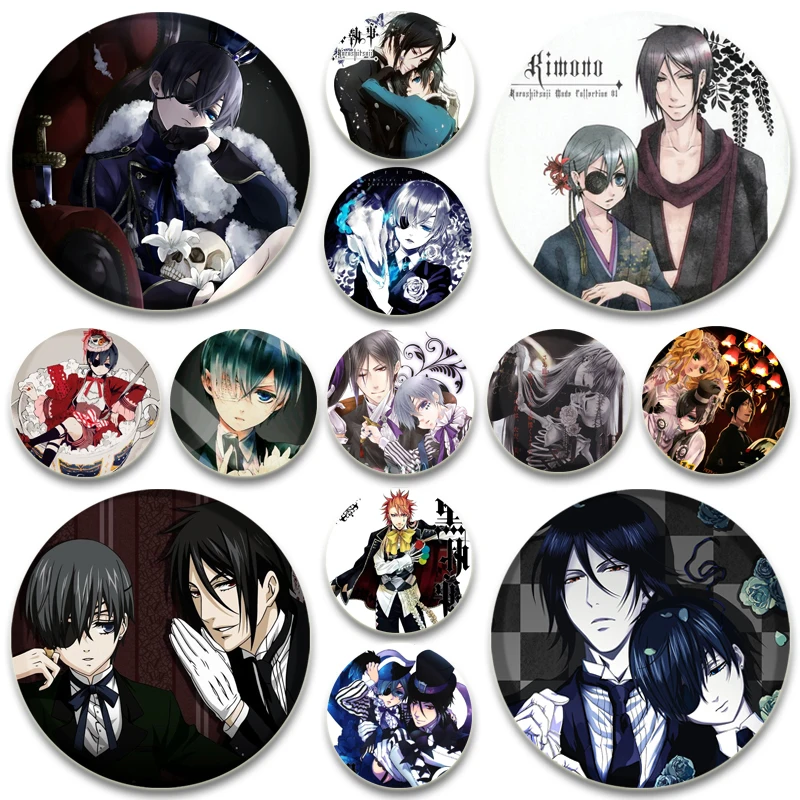 Black Butler Pins Round Anime Brooches Ciel Phantomhive Sebastian Michaelis Cartoon Badge Backpack Shoes Jewelry Accessories