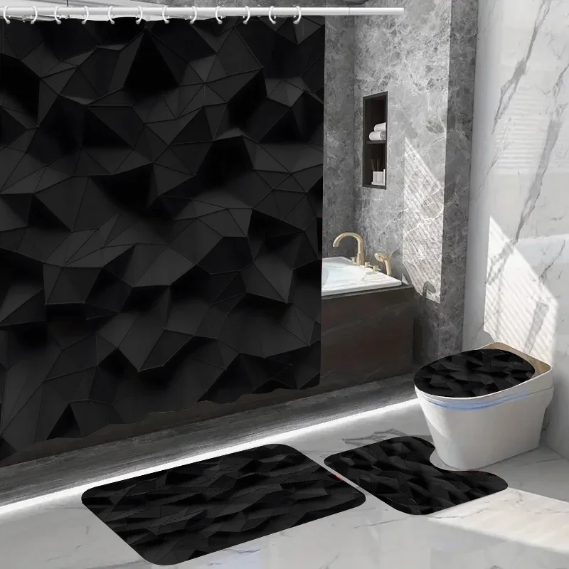 

Chic geometric waterproof shower curtain set with 12 hooks, non-slip bath mat, U-shaped toilet Rug & lid cover-complete polyes