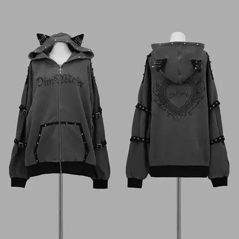 Gothic Dark Millennium Hooded Cat Ear Zipper Punk Y2K Sweet Cool Sweatshirt Outerwear for Autumn Winter Ins Style