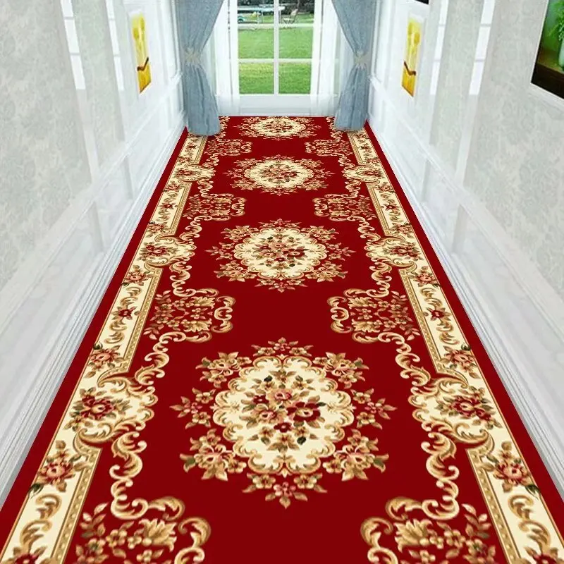 Red European Luxury Easy Clean Long Corridor Carpet Non-slip Lint-free Classical Hallway Rug Wedding Soft Passageway Floor Mat
