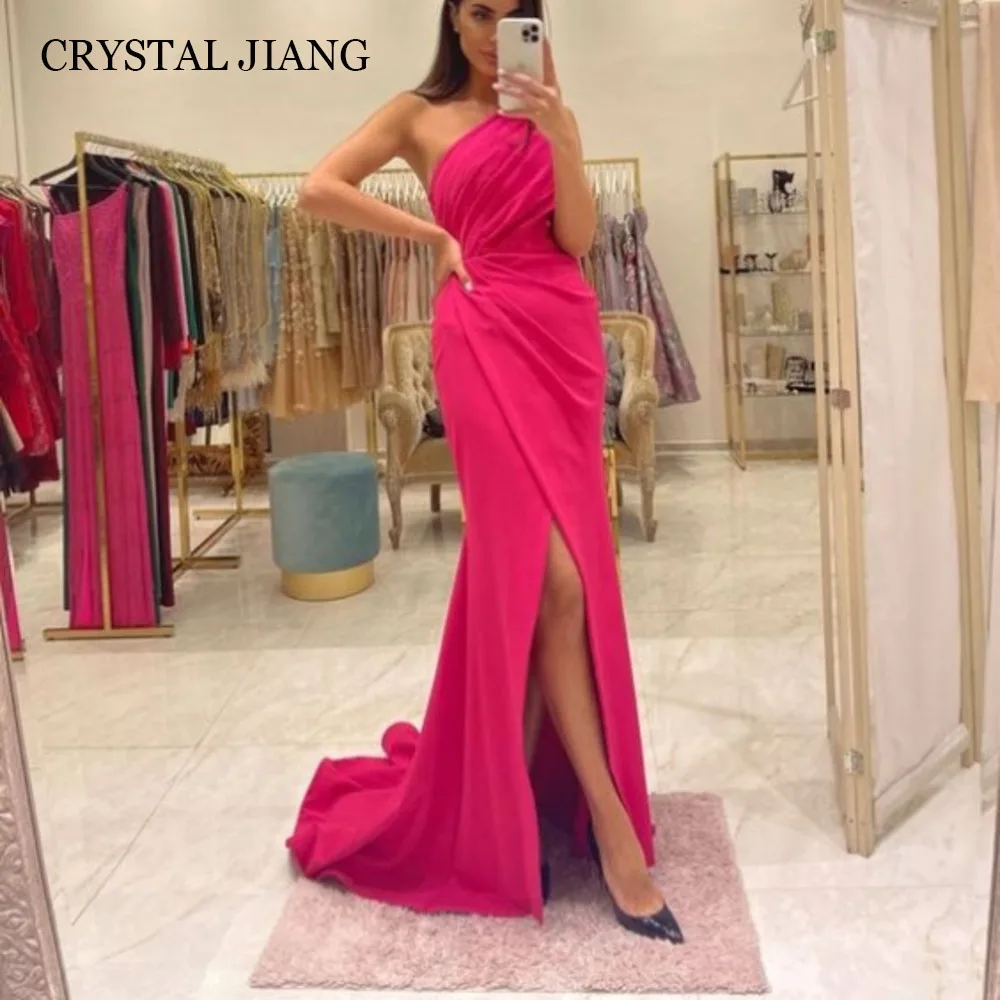 

Elegant Long One Shoulder Crepe Evening Dresses Sleeveless with Slit Mermaid Sweep Train Robes De Soirée for Women