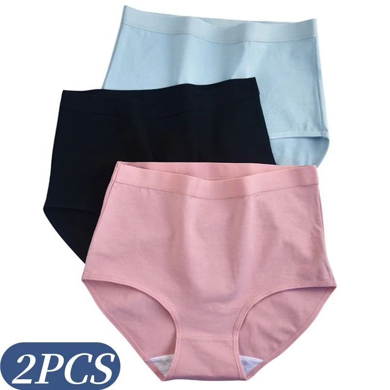 2Pcs/Set Women Cotton Panties Tummy Control Underwear High Rise Briefs Female Underpants Comfort Full Coverage Lingerie M-3XL