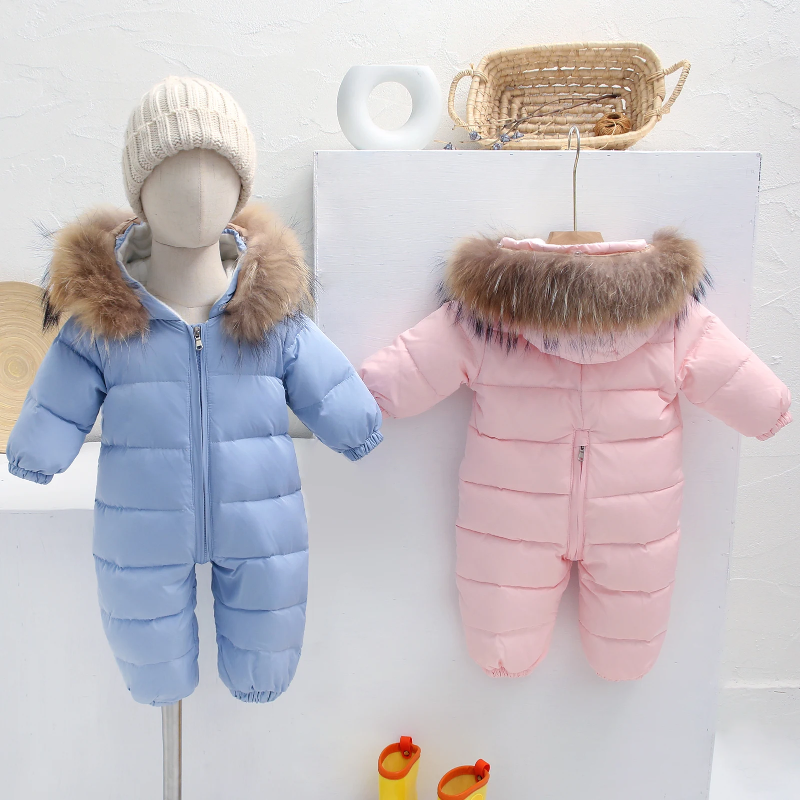 Toddler Babies Down Jumpsuit Fur Hood Kids Rompers One-Piece Snowsuits Children's Winter Infant Boys Girls Down Overalls