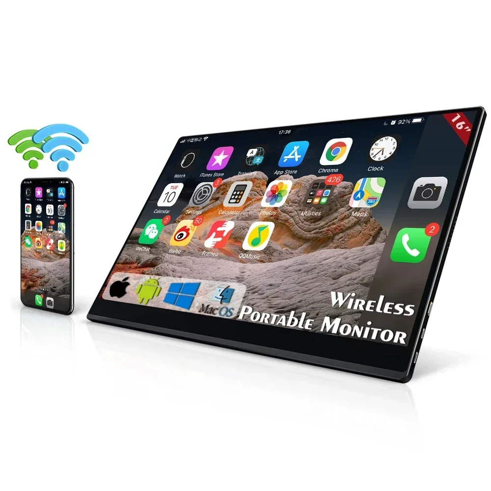 2026/New arrival 16 1080p 5G wifi built in battery lcd display portable touch screen  interactive with Type C and mini HD