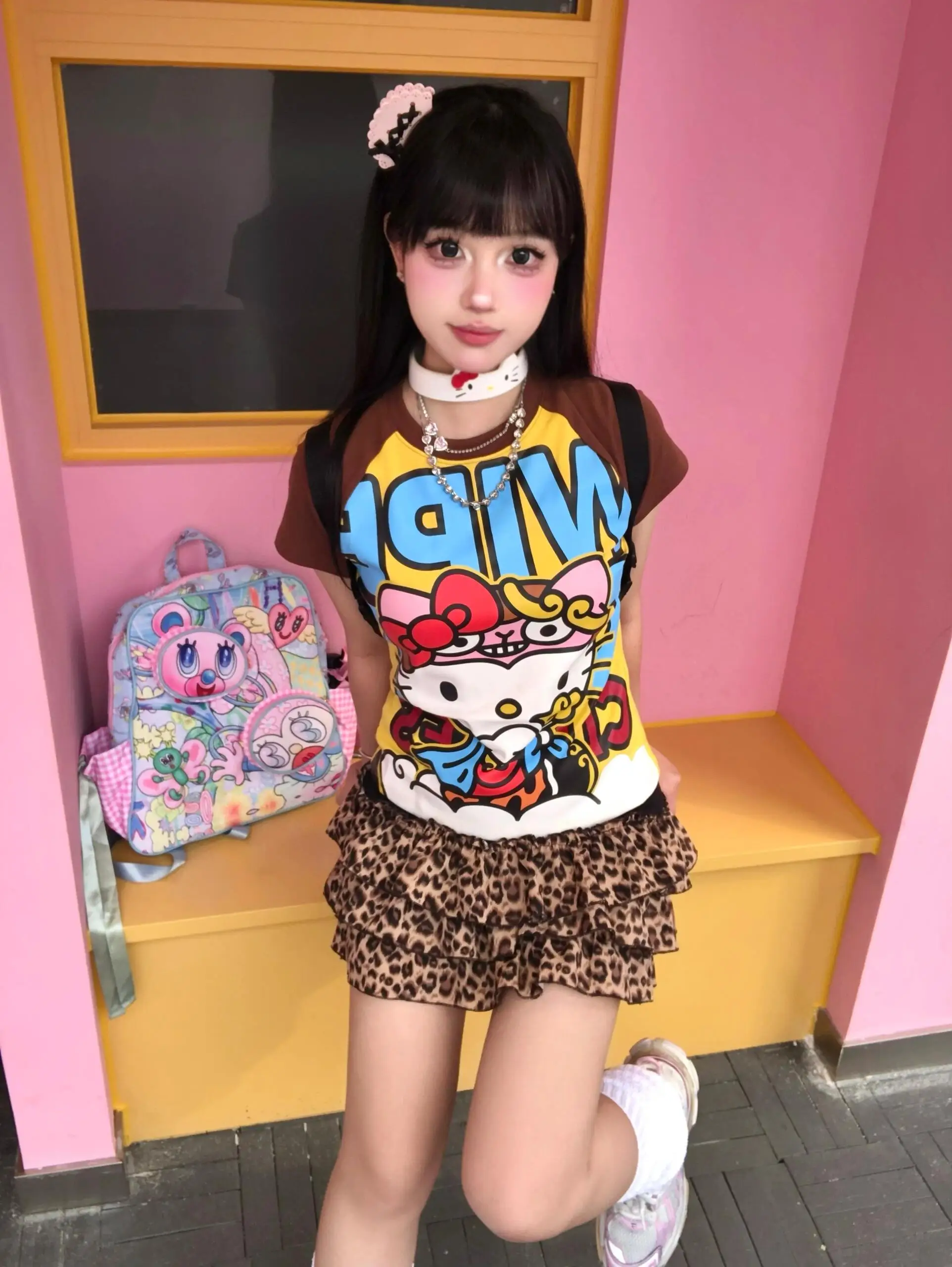 

Женская футболка с коротким рукавом в американском стиле ретро Y2K — летний укороченный милый стиль, топ с рисунком аниме «Hello Kitty» для женщин