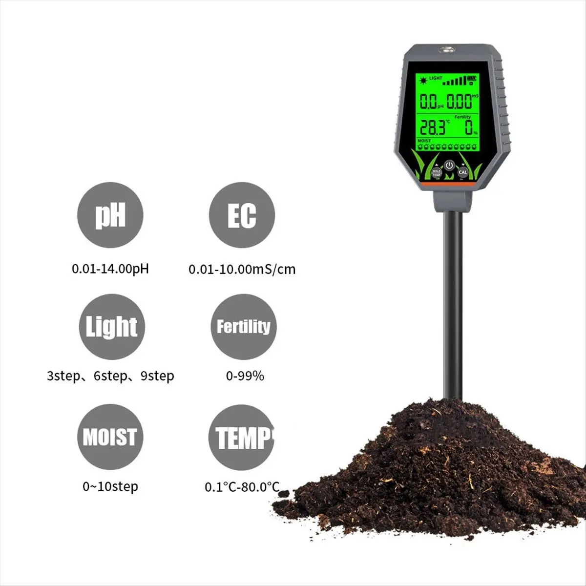 DT35BG 6-In-1 Soil Tester PH Meter/EC/Light Intensity/Fertility Temperature and Humidity Soil Orchard Compost Tester