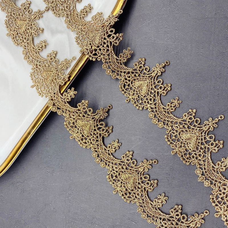 

10/20 Yards 40mm Golden Heart Embroidered Lace Trim Water Soluble Fabric Wedding Decor Garment Sewing Accessories DIY Craft