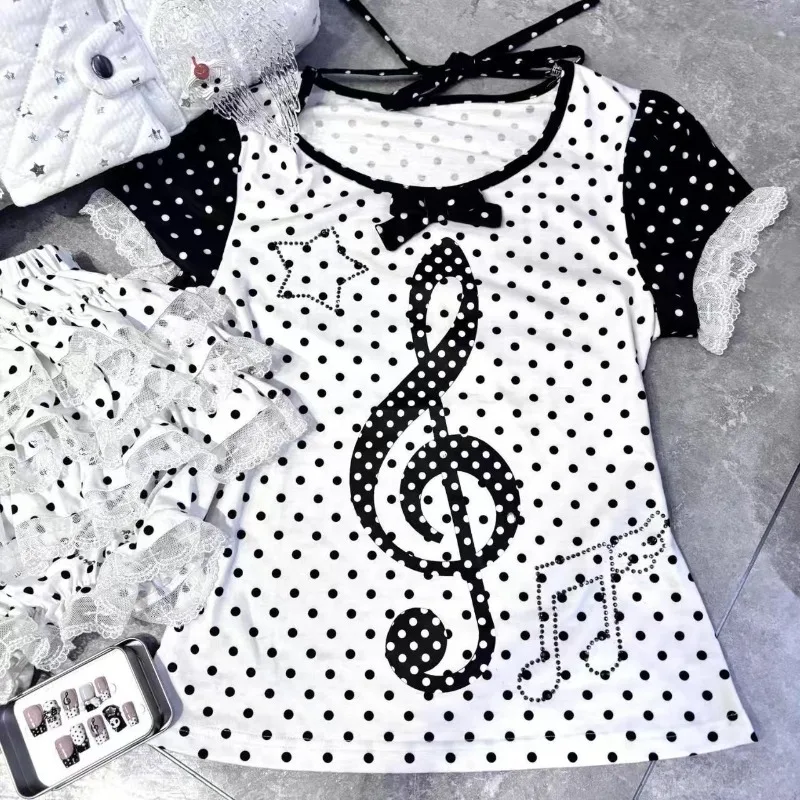 

Japanese sweet subculture polka dot print T-shirts Kawaii bow Tees women vintage hottie lace patchwork tops Harajuku cute cloths