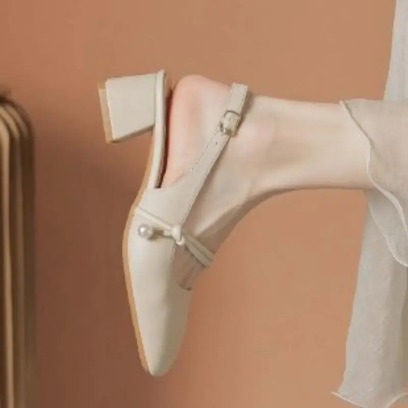 2026 Summer New Women Sandals, French Style Pearl Strap Closed Toe Block Mid Heel Fairy Style Daily Casual Shoes view 3