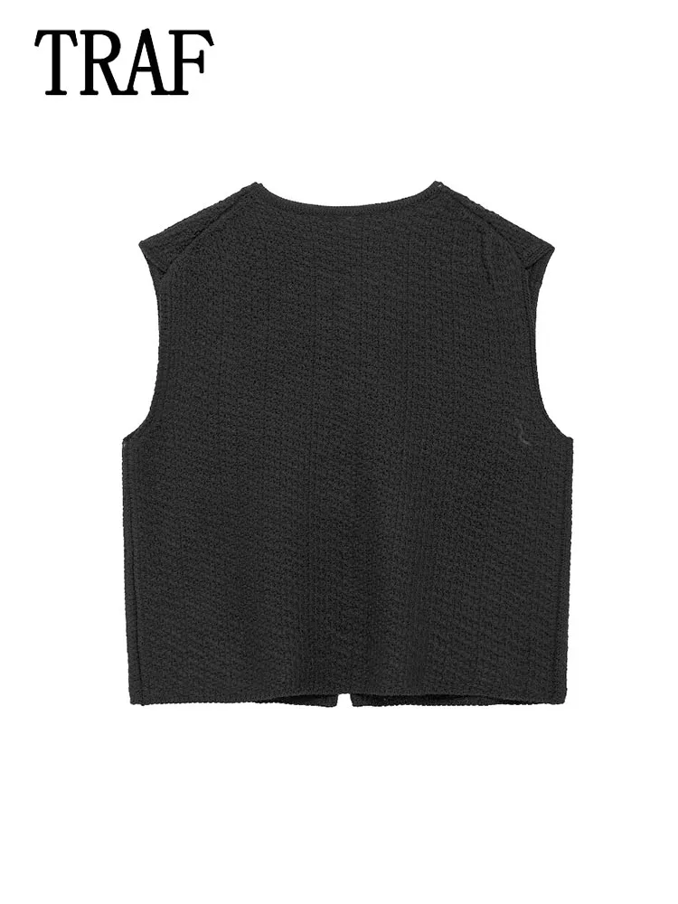 TRAF Women\'s Knitted Vest Top Fashion Solid O-Neck Sleeveless Lace-Up Top Female Vintage Streetwear Women\'s Clothing