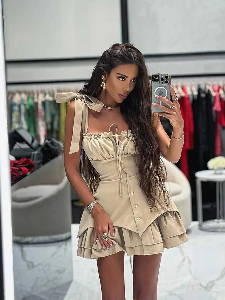 Robe d'été courte pour femmes, taille haute, bretelles avec nœud, col Slash, Sexy, élégante et belle, vente en gros, livraison directe