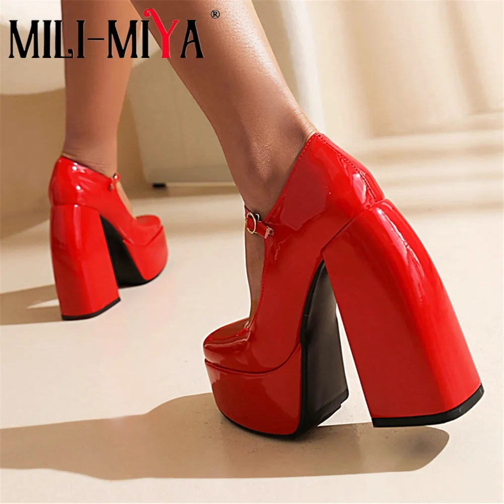 MILI-MIYA Fashion Super High Thick Heels Women Patent Leather Pumps Platform Buckle Strap Square Toe Plus Size 34-43 Handmade